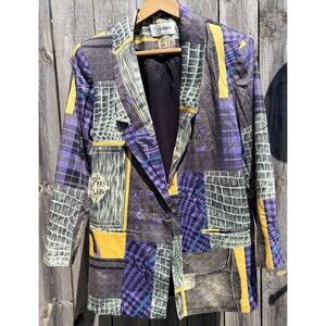 Vtg 80s Women's Oversized Blazer Jacket  Mixed Print Geometric Shoulder Pads